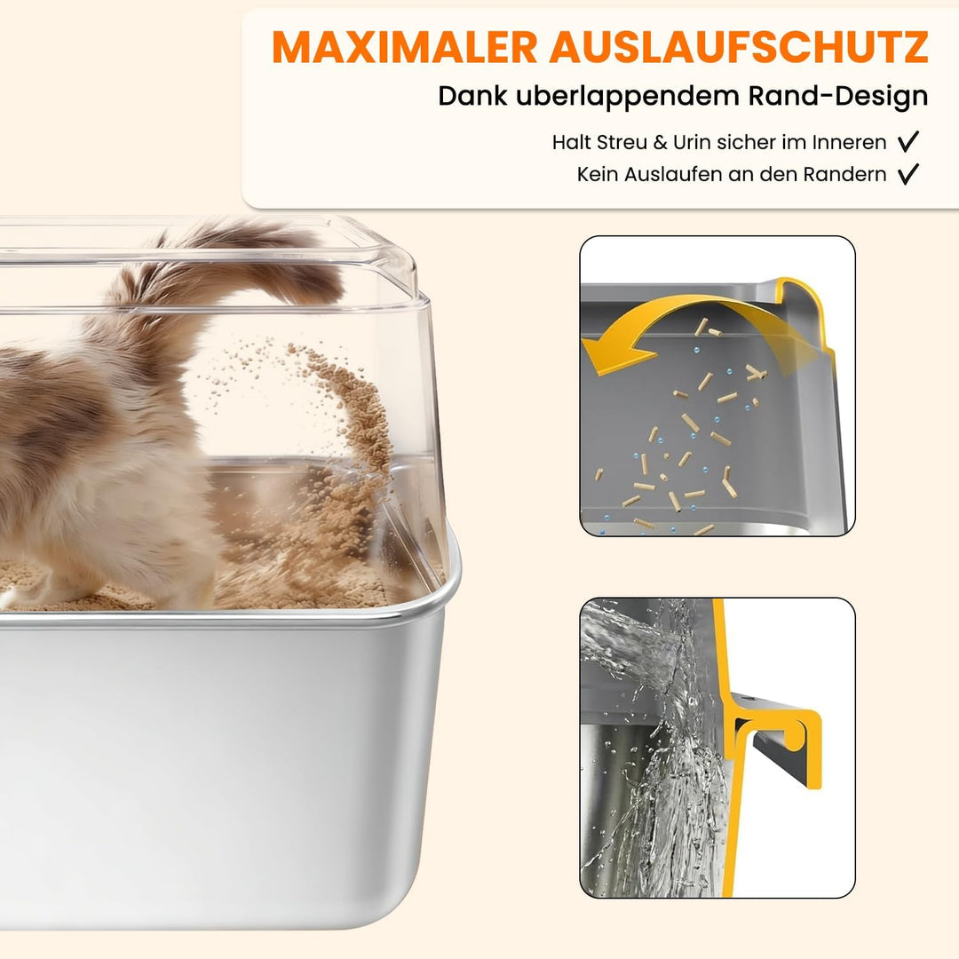 Edelstahl Katzentoilette XXL 60x40x35cm, Extra Hochwand Katzenklo Auslaufsicher &amp; Spritzsicher, Einf