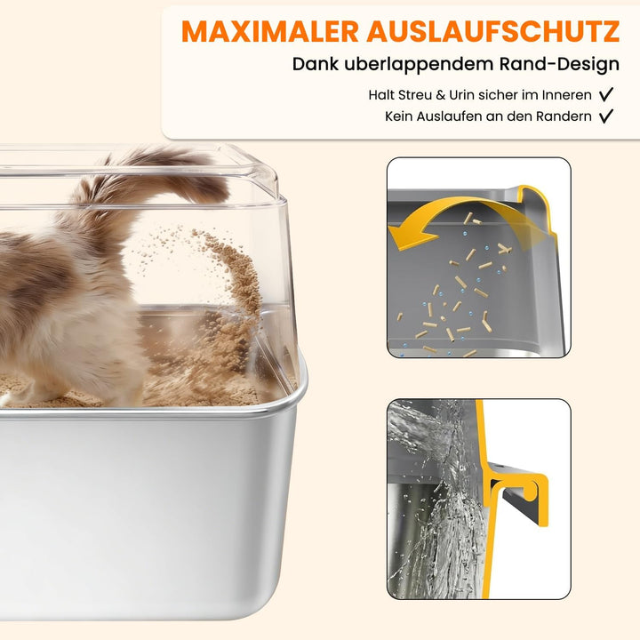 Edelstahl Katzentoilette XXL 60x40x35cm, Extra Hochwand Katzenklo Auslaufsicher &amp; Spritzsicher, Einf
