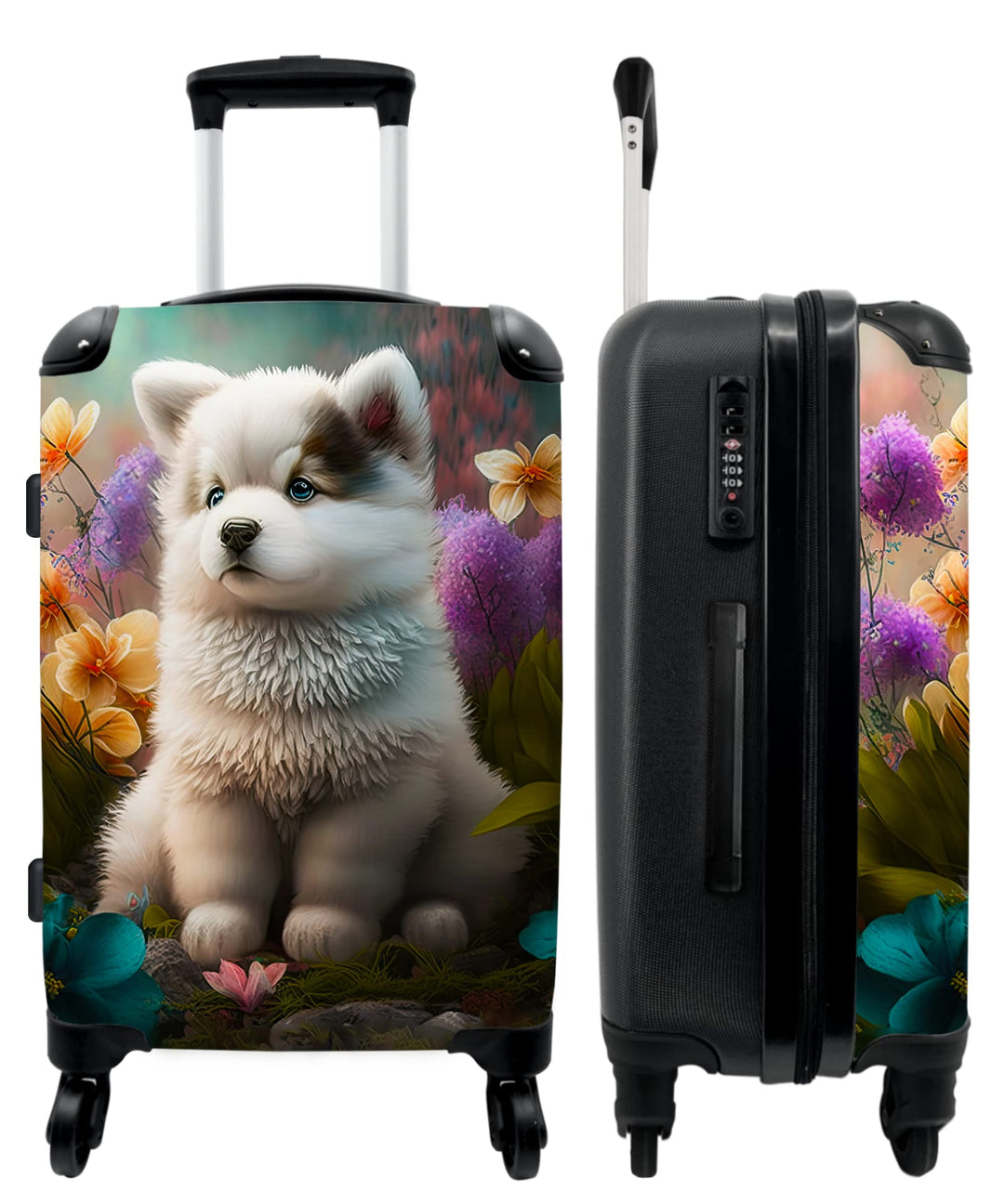 Koffer gross Trolley Rollkoffer Reisekoffer mit 4 Rollen Fotokoffer - Welpe - Blumen - Pflanzen - Na