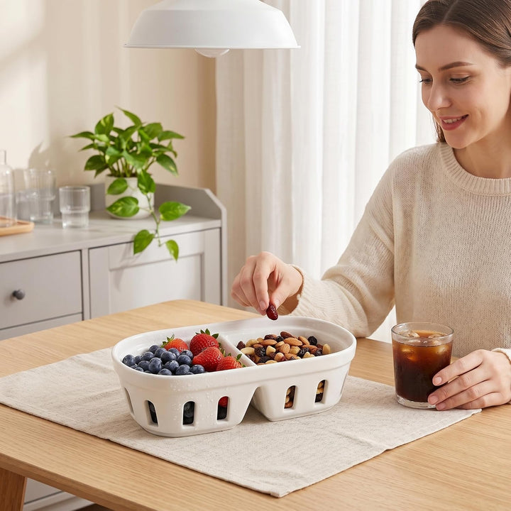 Keramik-Obstkorb, Keramik-Beerenschale mit Drainagelöchern mit Zwei Fächern, Obstkorb für Snacks und