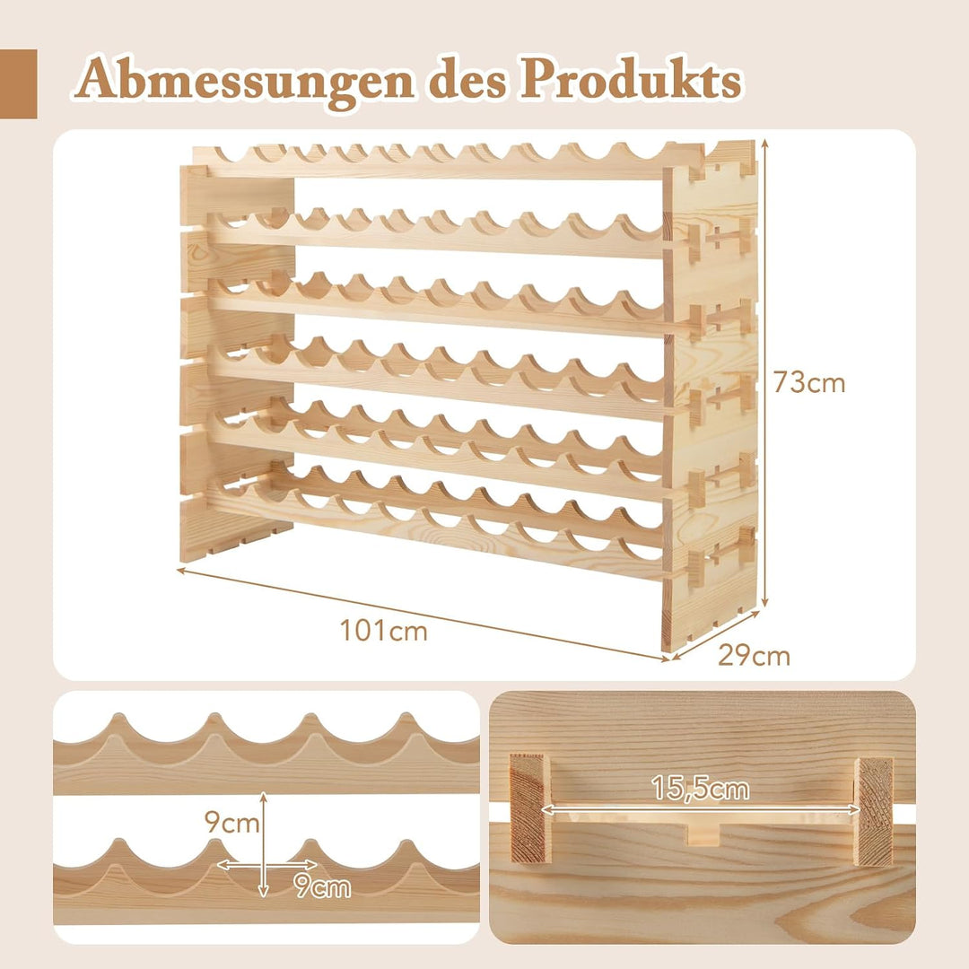 COSTWAY Weinregal Holz stapelbar, Flaschenregal für 60 Flaschen, Weinständer mit 6 Ebenen, Holzregal