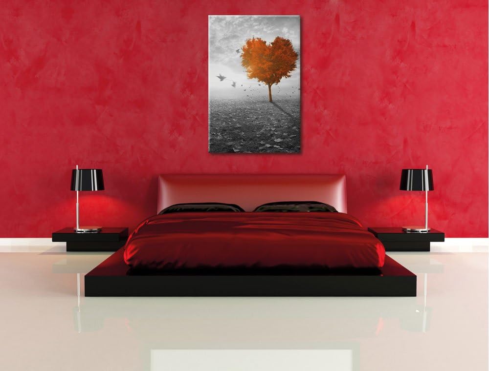 Pixxprint Roter Herzbaum im Herbst schwarz/weiss als Leinwandbild/Grösse: 100x70 cm/Wandbild/Kunstdr