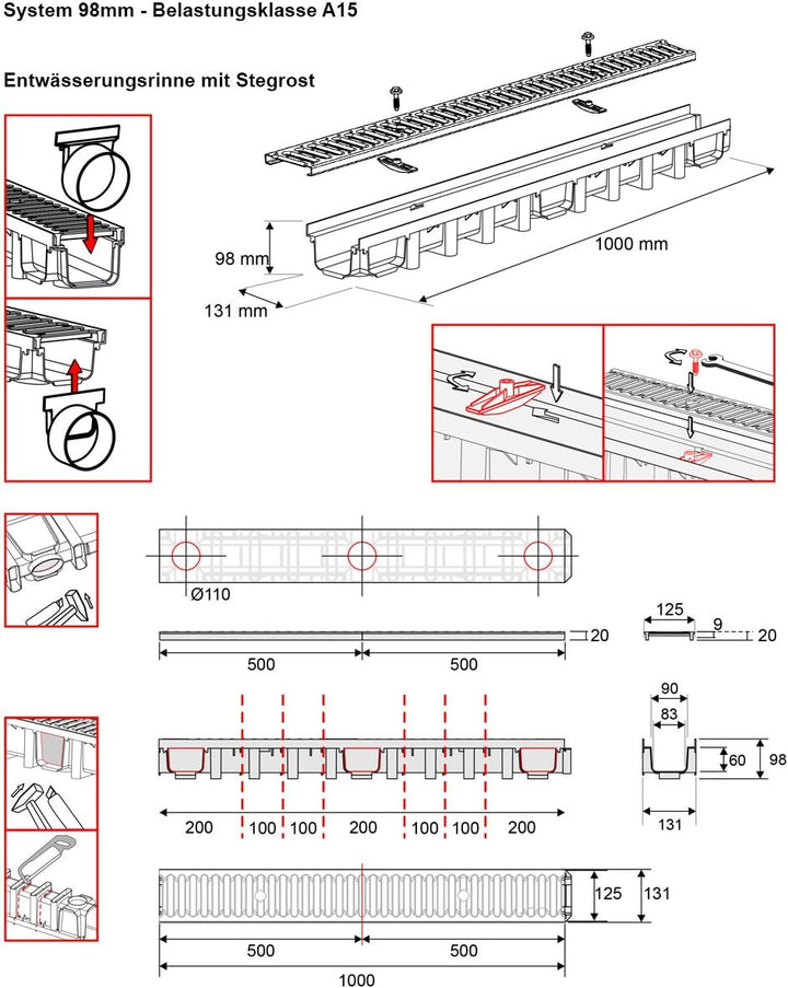 5m Entwässerungsrinne für modulares System A15 98mm, komplett Stegrost Kunststoff, Schwarz Line
