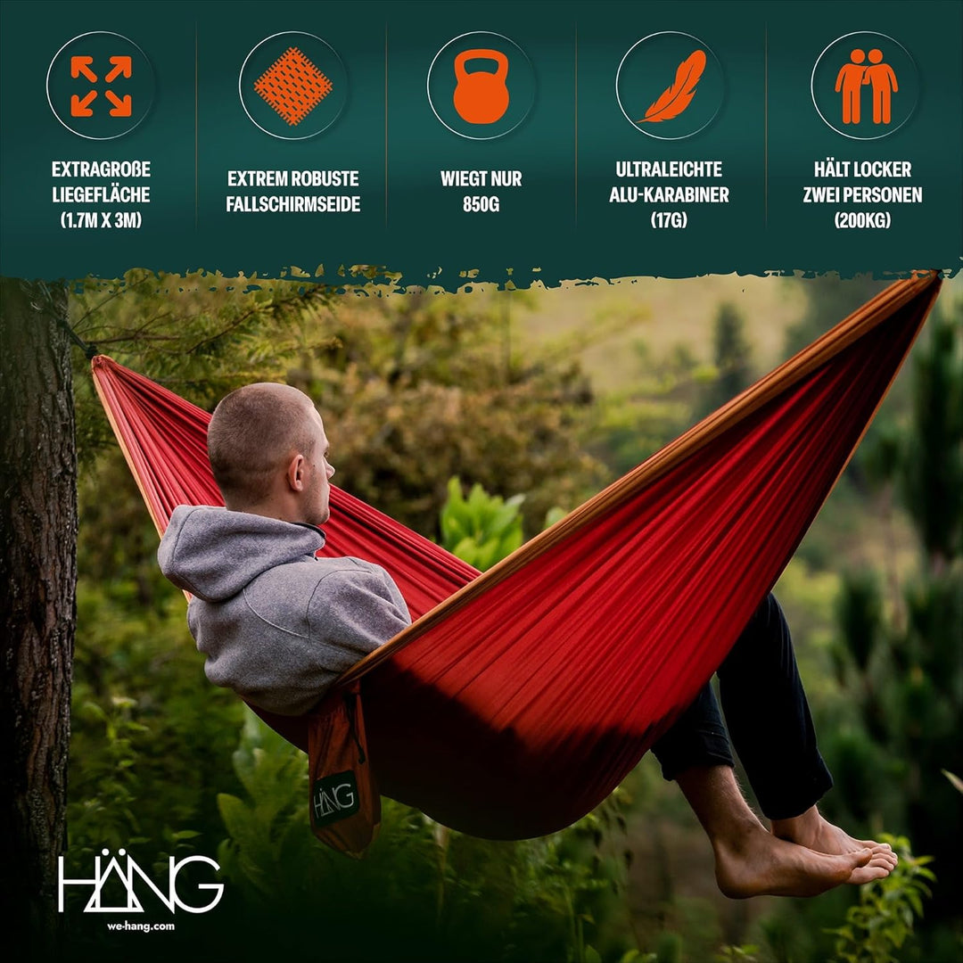 HÄNG® Camping Hängematte Outdoor Nylon Fallschirmseide für 2 Personen - 300 x 170cm Mobile Ultra-lei