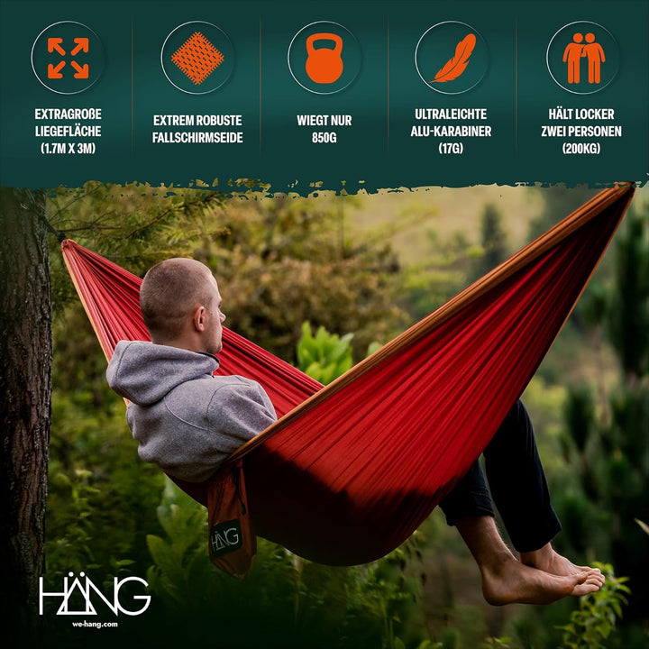HÄNG® Camping Hängematte Outdoor Nylon Fallschirmseide für 2 Personen - 300 x 170cm Mobile Ultra-lei