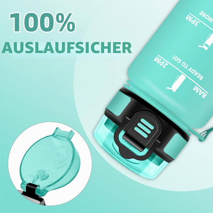 HoneyHolly Trinkflasche 1L, Zeitmarkierung, Wasserflasche, Auslaufsicher, Trinkflasche Sport, Wieder