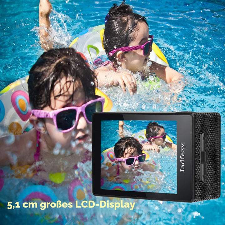 Jadfezy Action Cam FHD 1080P/12MP, Unterwasserkamera wasserdicht bis 30M, 140 Grad Weitwinkel Action