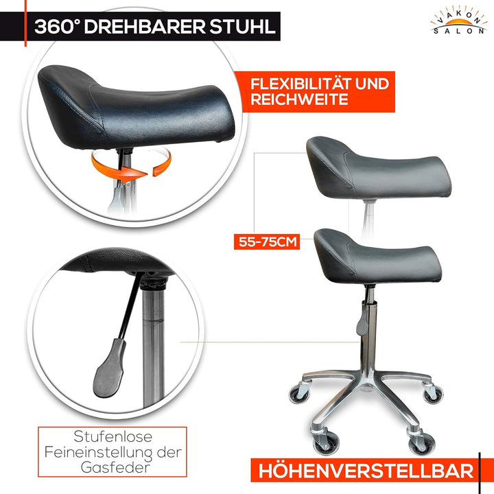 VAKON SALON - Breitsitz auf hochwertigen Rollen - höhenverstellbarer Drehhocker 55-75 cm, Rollhocker