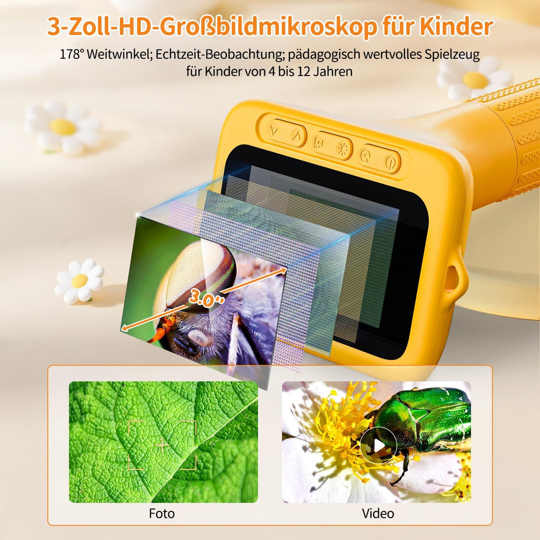 Digitales Mikroskop für Kinder, SKYBASIC Mini-Mikroskopkamera mit 3,0-Zoll-IPS-Bildschirm, 1000-fach