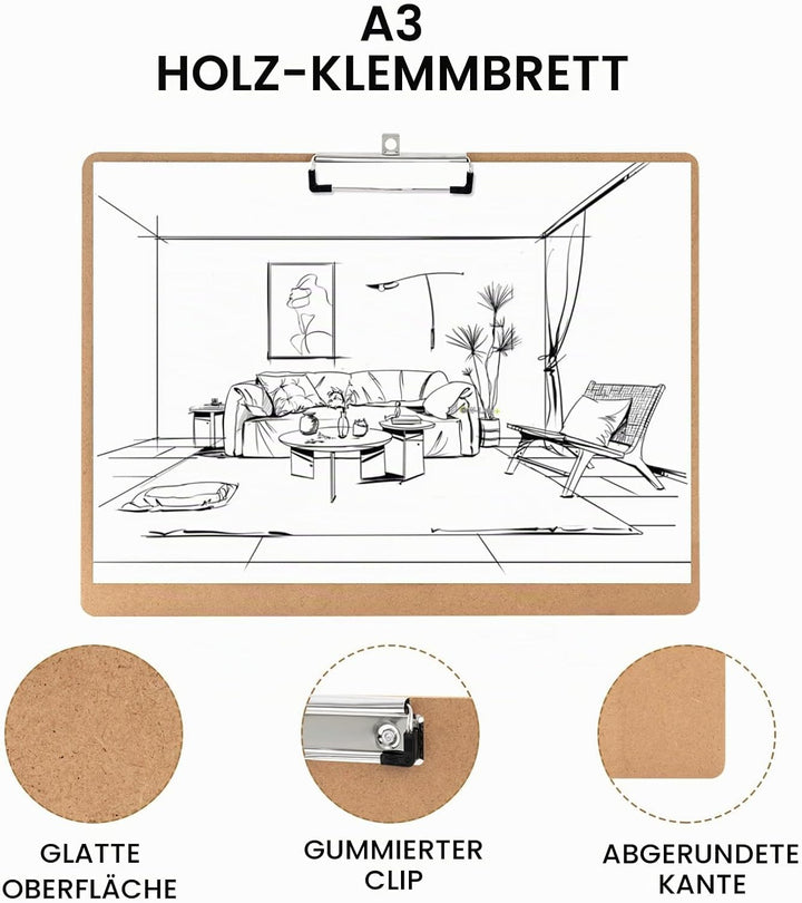 Srvnpioy Klemmbrett DIN A3, 2 Stück, aus MDF-Holzfaser, zum Schreiben, Malen, Skizzieren oder Zeichn