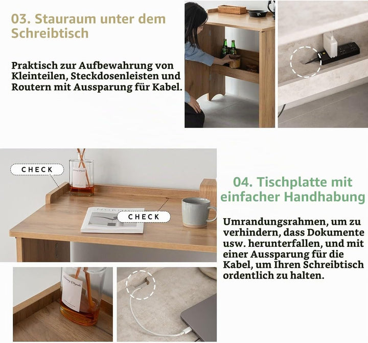 EMOOR Klappschreibtisch TATAMU Holzpaneelen (Eiche), Platzsparender Rechteckiger Tisch Ohne Montage