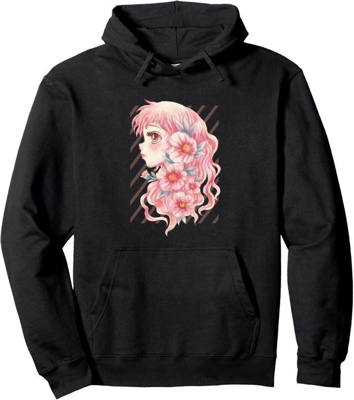 Japanese Anime Manga Girl | Pink Japanese Flower Aesthetic Pullover Hoodie