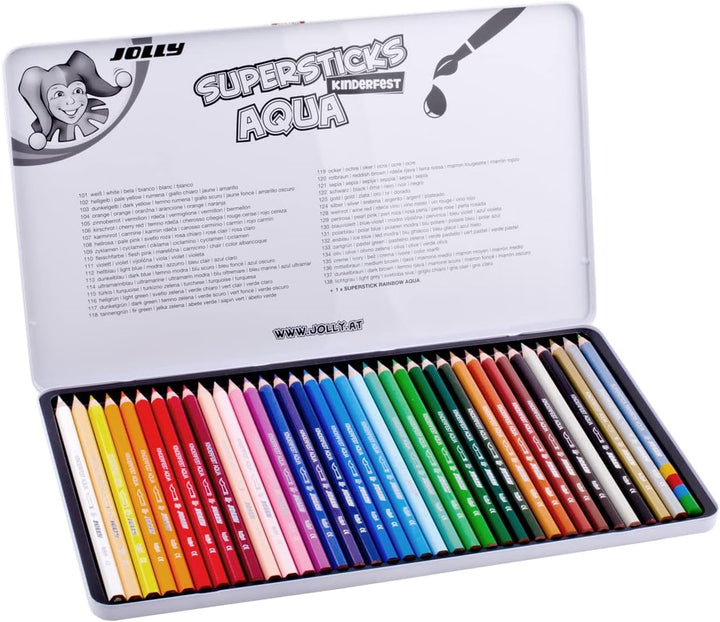 JOLLY Superstick Aqua Buntstifte, Wasservermalbare Farbstifte, 36 Stück, aquarellierbar, bruchsicher