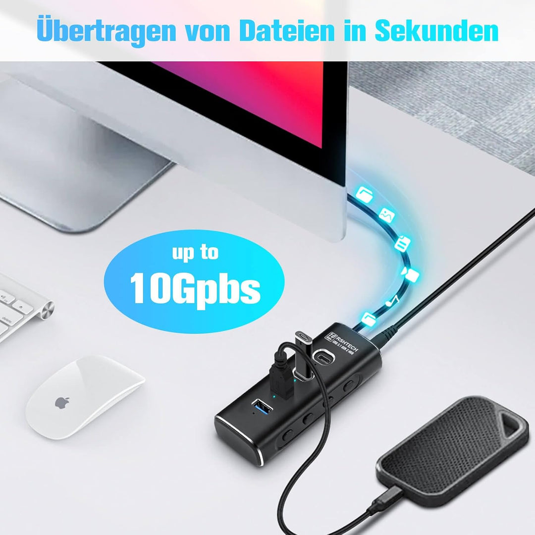 RSHTECH USB C 3.2 Hub Aktiv mit Netzteil, 4-in-1 USB C 3.1 Gen2 Hub mit 4*10Gbps USB-Datenport (2*Ty
