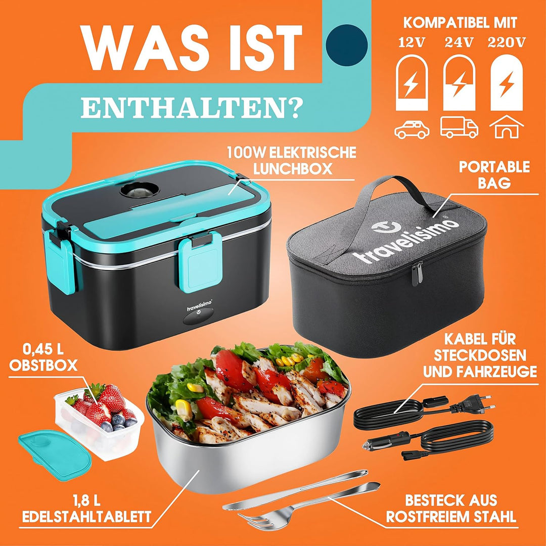 TRAVELISIMO XXL Elektrische Lunchbox Extra gross 1,8L Electric Lunch Box 80W, Warmhaltebox 3-in-1 Lu