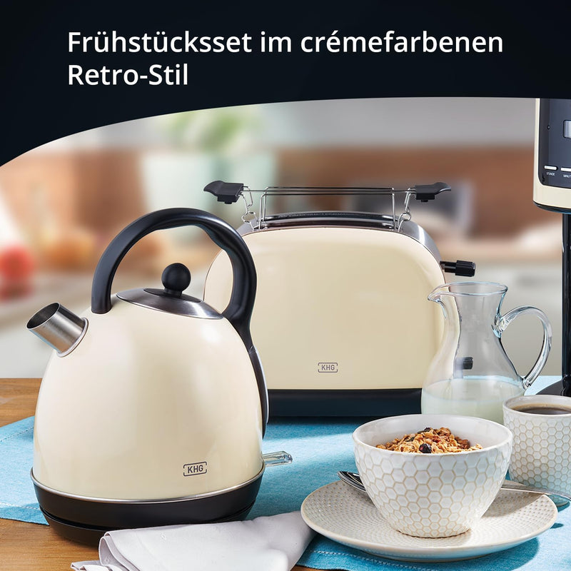 KHG Retro Frühstücksset | Toaster 2 Scheiben mit Brötchenaufsatz, 7 Bräunungsstufen 850W | Wasserkoc