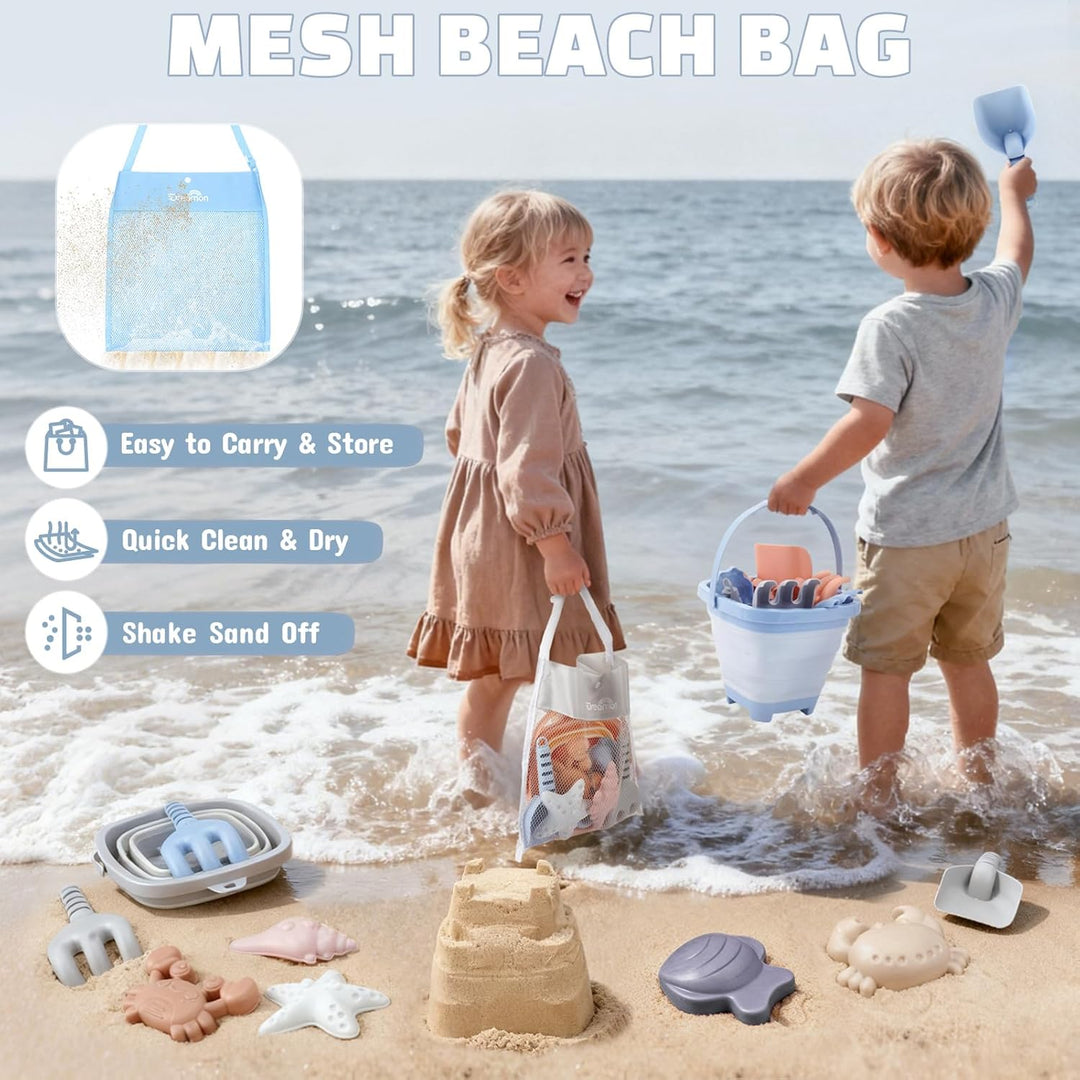 Dreamon Sandspielzeug Strandspielzeug Kinder, 18 PCS Reise Sandspielzeug mit Faltbarer Eimer, Sandka