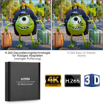 MYPIN HDMI Multimedia Player, 4K@30Hz Digital Media Player HDMI/AV-Ausgang PPT MKV AVI RMVB RM für H