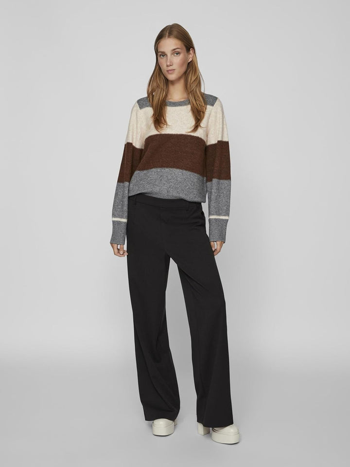 Vila Damen Viellie O-Neck L/S Stripe Knit Top Strickpullover M Grau, M Grau