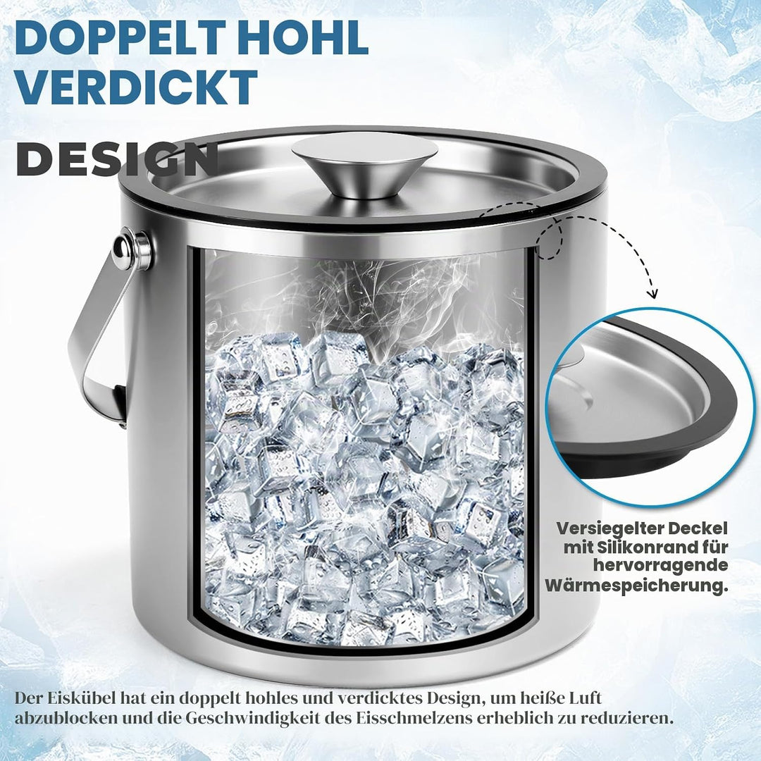 3L Eiswürfelbehälter mit Deckel Eiskübel Edelstahl Eisbehälter für Eiswürfel Doppelwandiger Isoliert