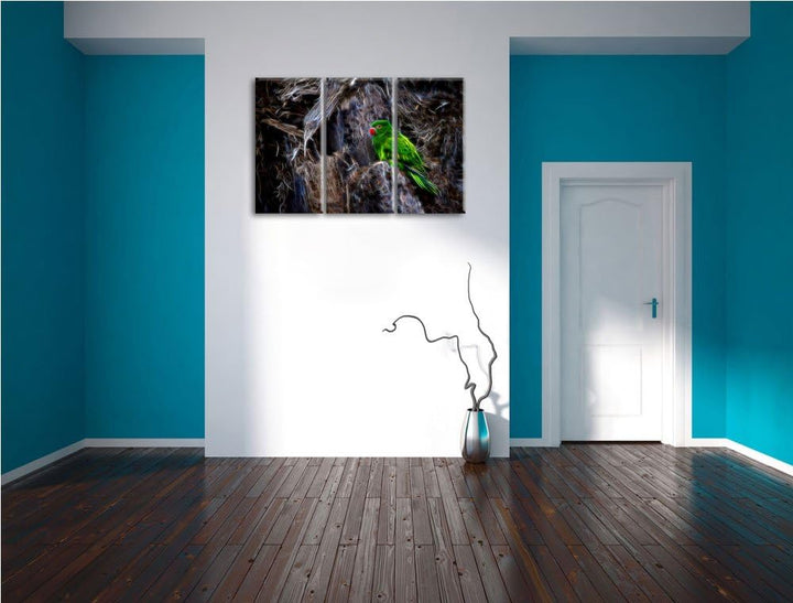 Dark grüner Papagei im Gehölz NewArt 3-Teiler Leinwandbild 120x80 Bild auf Leinwand, XXL riesige Bil