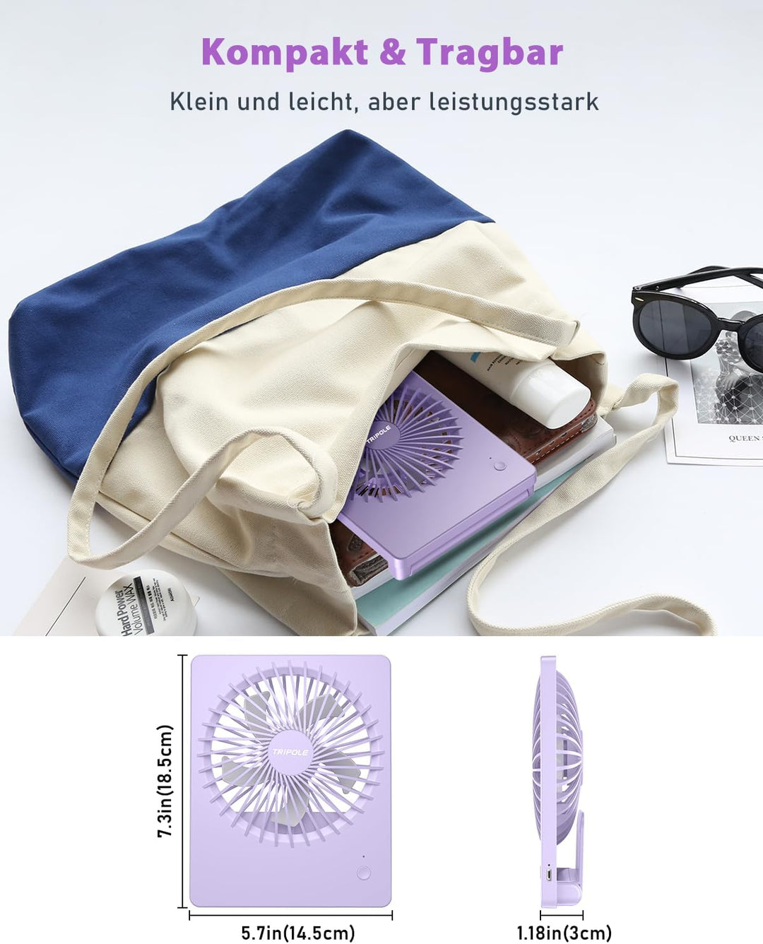 TriPole Tischventilator Leise, 2000mAh Ladefähige USB Ventilatoren Ausführen Bis zu 4-16 Std, 3 Gesc