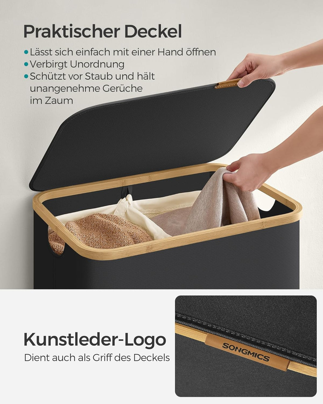 SONGMICS Wäschekorb mit Deckel, Wäschesammler mit 2 Fächern, 130 L, herausnehmbarer Wäschesack, Oxfo