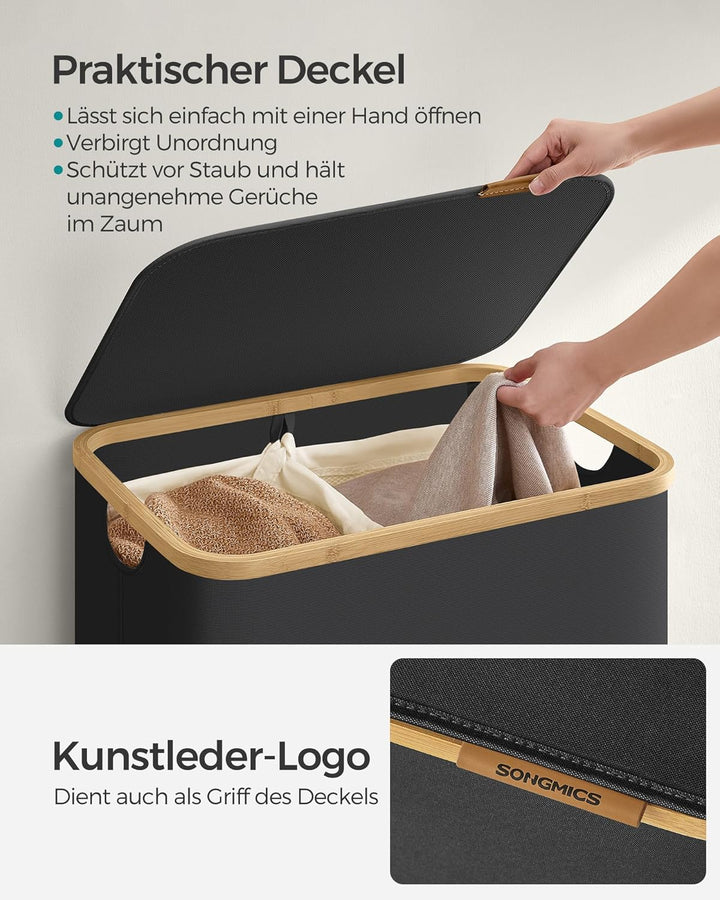SONGMICS Wäschekorb mit Deckel, Wäschesammler mit 2 Fächern, 130 L, herausnehmbarer Wäschesack, Oxfo