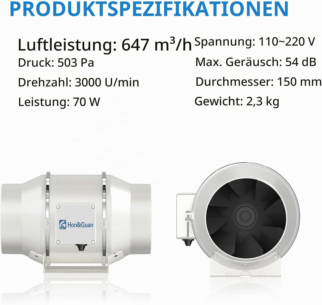 Hon&amp;Guan 150mm EC Rohrventilator mit Regler, 647m³/h Inliner Rohrlüfter, Abluftventilator für Growbo