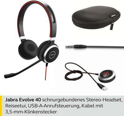 Jabra Evolve 40 UC Stereo Headset - Unified Communications Kopfhörer für VoIP Softphone mit passivem