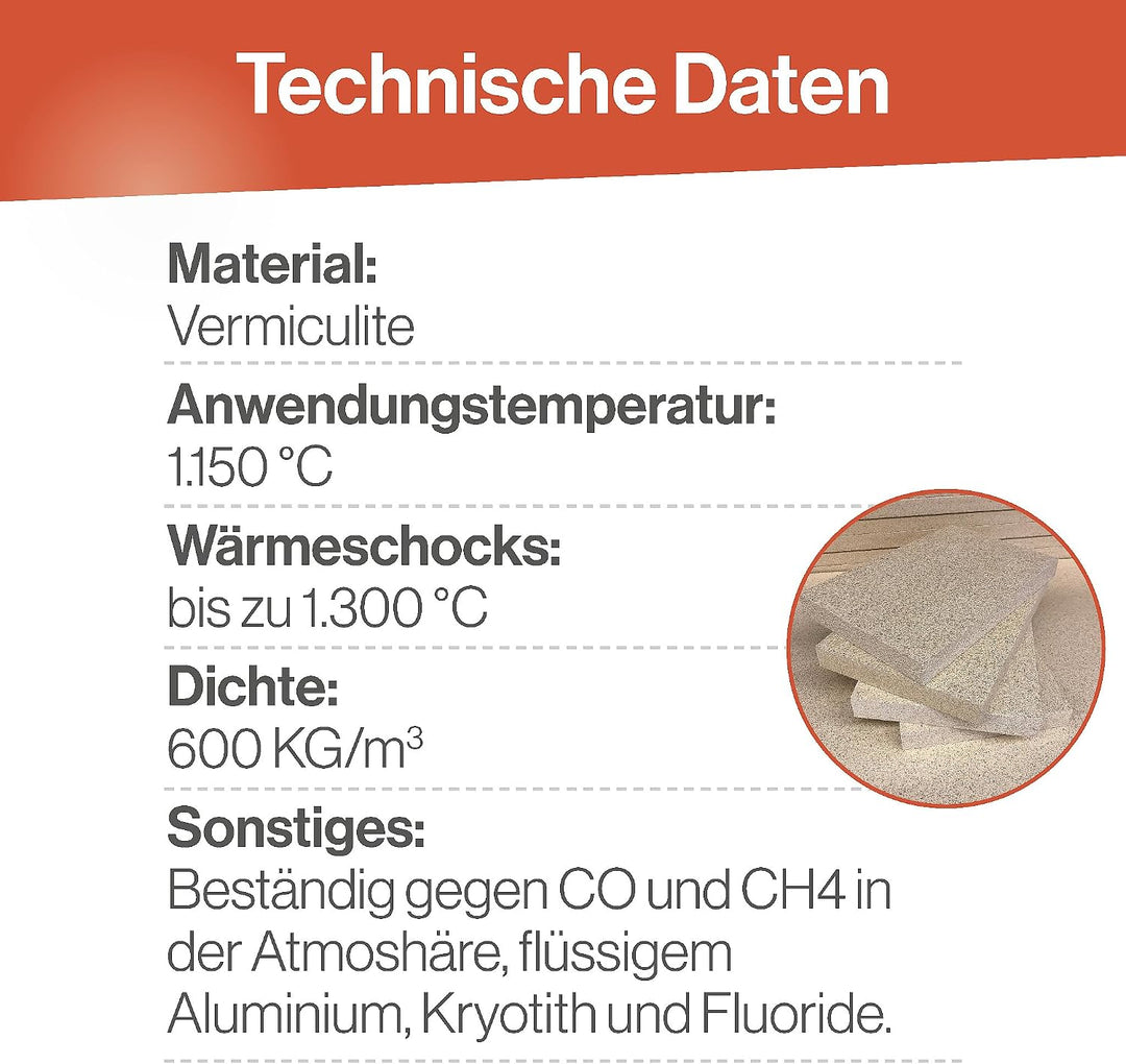 Feuerfest 123 - Vermiculite Platte 300x200x15 mm, Schamotte Ersatz zur Reparatur von Feuerräumen, Br