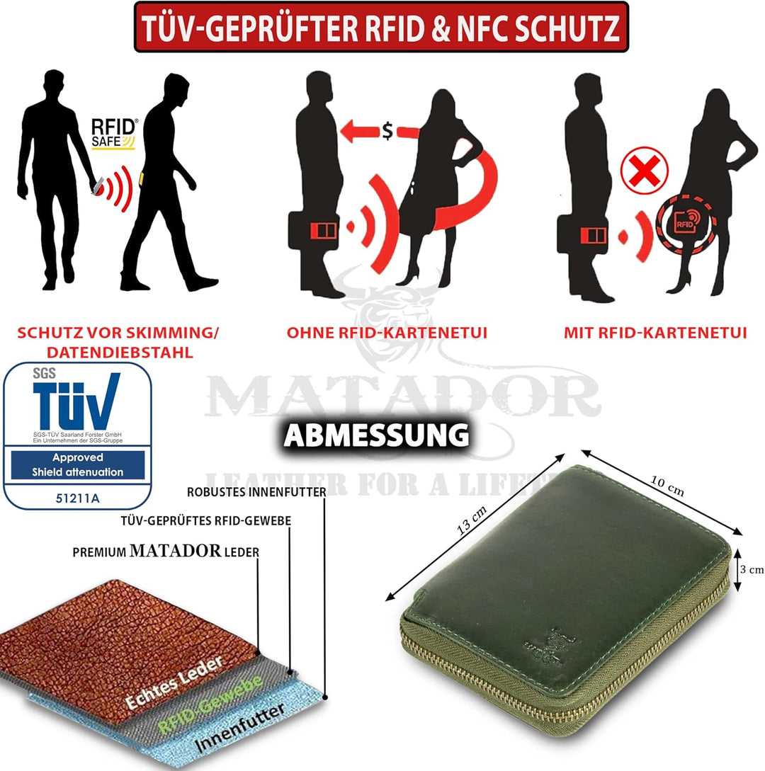 MATADOR® Granada Echt Leder Geldbörse Damen Portemonnaie Herren Geldbeutel Reissverschluss mit TüV g