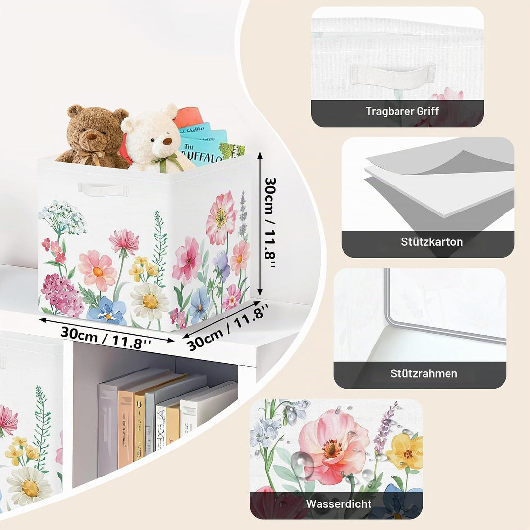 Clastyle 3 Stück Wildblumen Frauen Aufbewahrungsbox Stoff für Kallax Faltbar Aufbewahrungskorb Klein