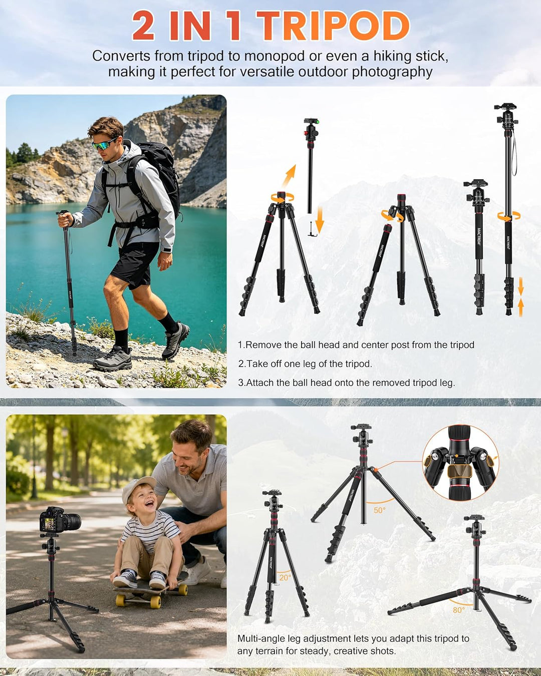 MACTREM 80“ Kamera-Stativ, DSLR-Stativ Heavy Duty für Reisen, 360 ° Kugelkopf Professionelles Alumin