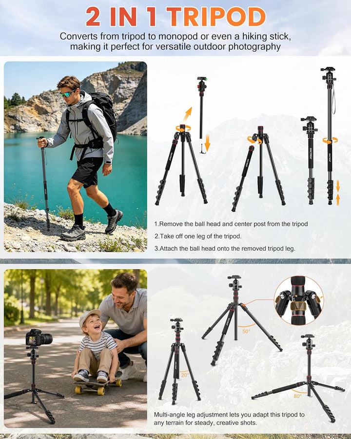 MACTREM 80“ Kamera-Stativ, DSLR-Stativ Heavy Duty für Reisen, 360 ° Kugelkopf Professionelles Alumin