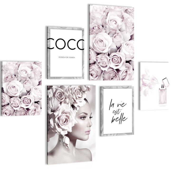 Novart Wandbilder Set Coco Fashion Grau Rosa - KEIN EXTRA RAHMEN BENÖTIGT - Modern Deko - Wohnzimmer