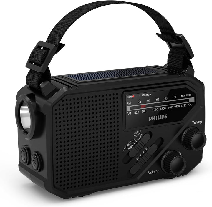 Philips TAR1609 FM/AM-Kofferradio mit internem aufladbarem Akku, AAA-Batterie und Kurbel für Reserve