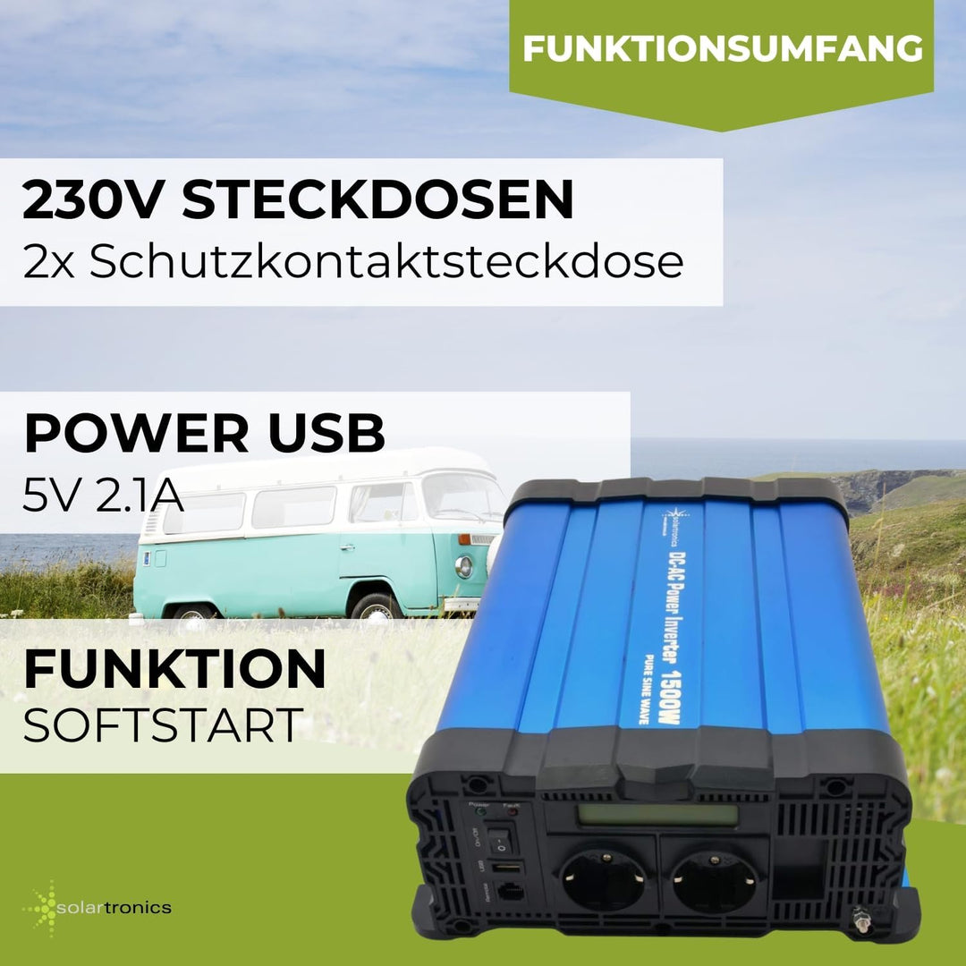 solartronics Spannungswandler FS1500D 24V 1500/3000 Watt Reiner Sinus BLAU m. Display FS Serie LiFeP