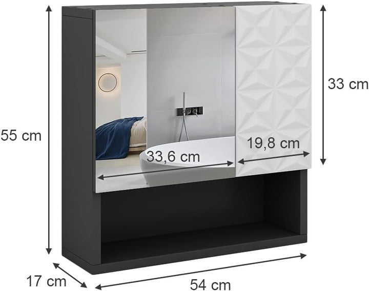 Vicco Bad Spiegelschrank Edge, Schwarz/Weiss, 54 x 55 cm mit Tür und offenen Fächern Schwarz Spiegel