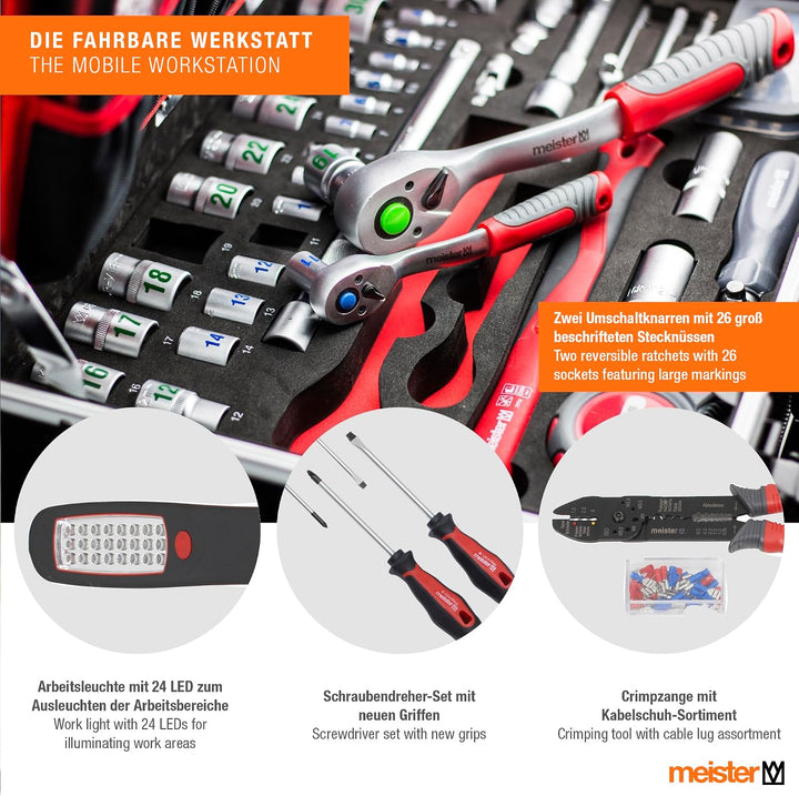 Meister Werkzeugtrolley 156-teilig - Werkzeug-Set - Mit Rollen - Teleskophandgriff / Profi Werkzeugk