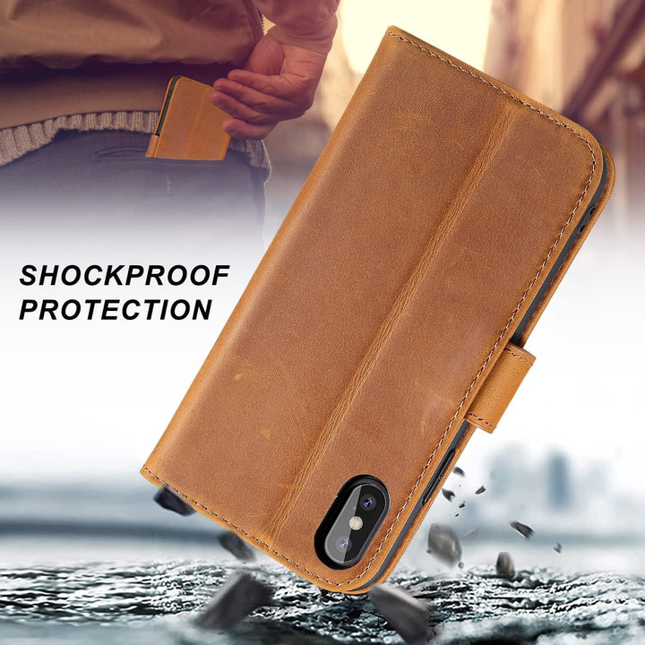 LENSUN Echtleder Hülle für iPhone XS, iPhone X Handyhülle [Echtes Leder][Magnetverschluss][RFID Schu