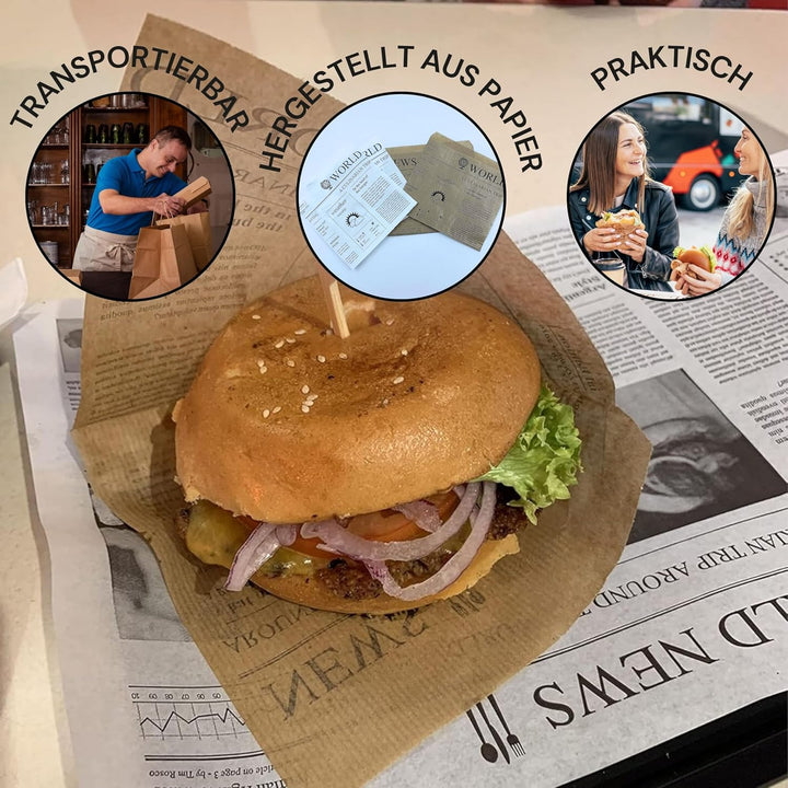 Snacktaschen/Hamburgertaschen Snackbeutel Newspaper aus Kraftpapier Hamburger-Tüten, 2-seitig offen