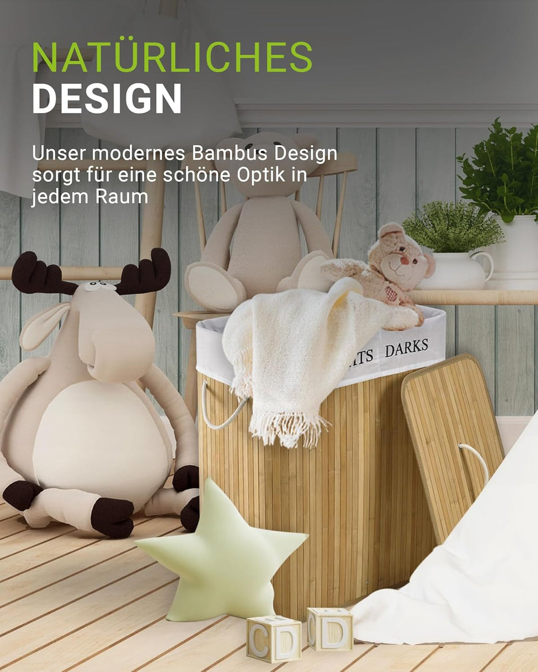 Juskys Bambus Wäschekorb Curly Natur 100L - Hygienischer Wäschekorb mit Deckel, Tragegriff & Wäsches