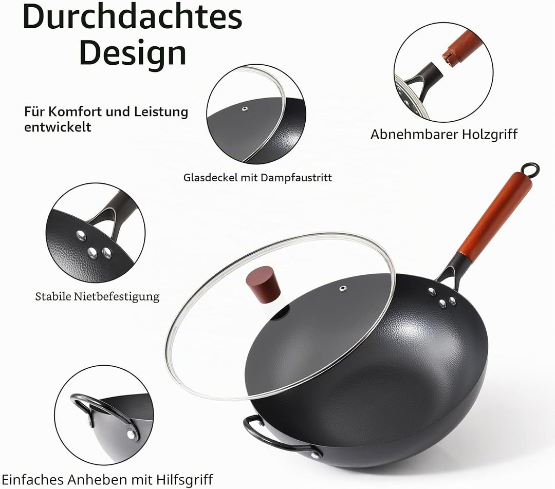Kordisen 32 cm Wok aus Kohlenstoffstahl mit Deckel, flacher Boden, natürlich antihaftbeschichtet, ge
