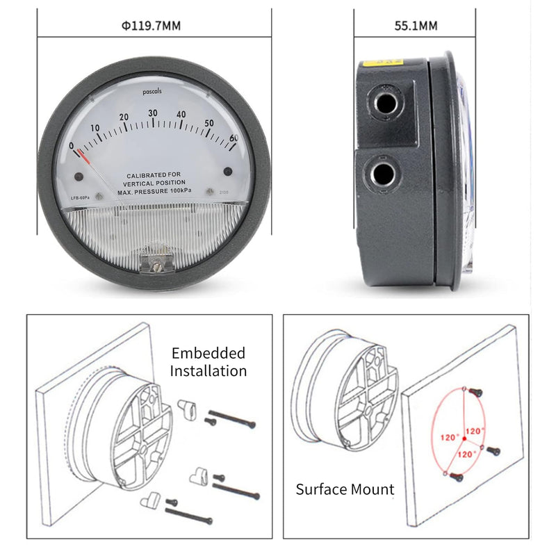 Differenzdruckmanometer, 0 Bis 60 Pa Industriemanometer, 1/8 Innengewinde, Temperaturbereich -7 ℃ Bi