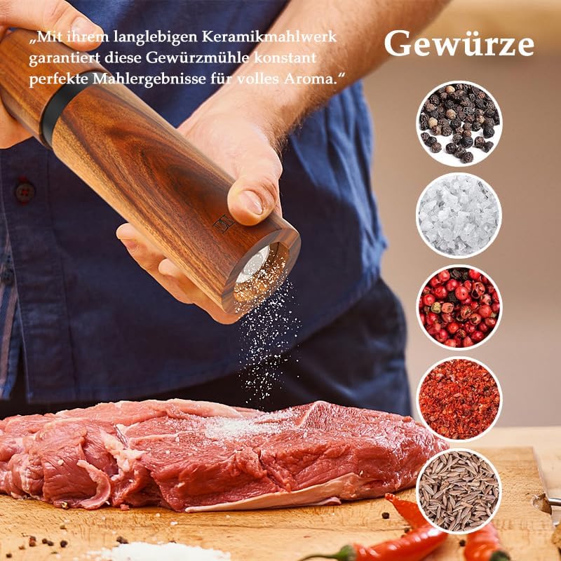 Salz und Pfeffermühlen Set aus Akazienholz mit Keramikmahlwerk mit Holzständer und Reinigungsbürste,