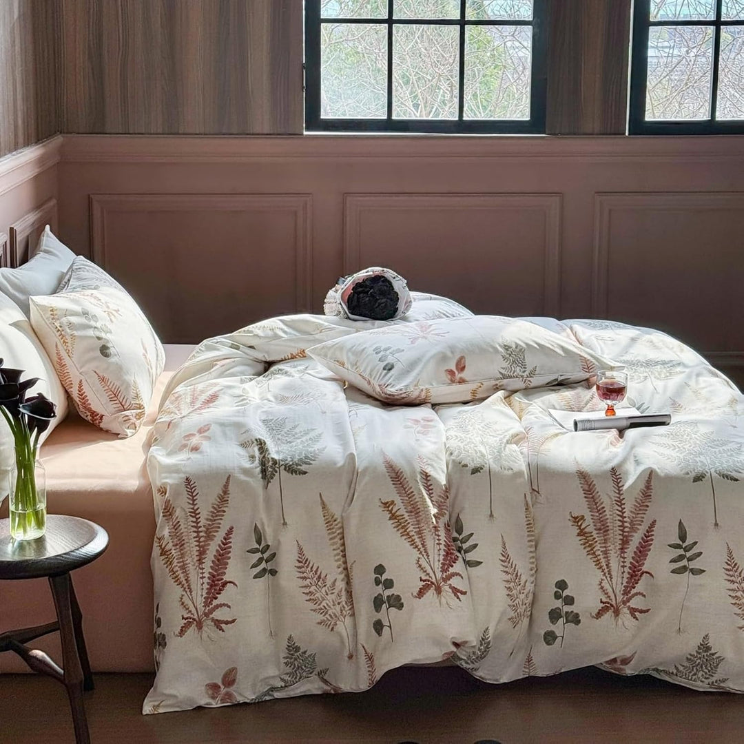 Freyamy Baumwolle Bettwäsche 135x200cm Beige Bunt Pflanzenblätter Ästhetik Bettwäsche-Sets Pflanzenm