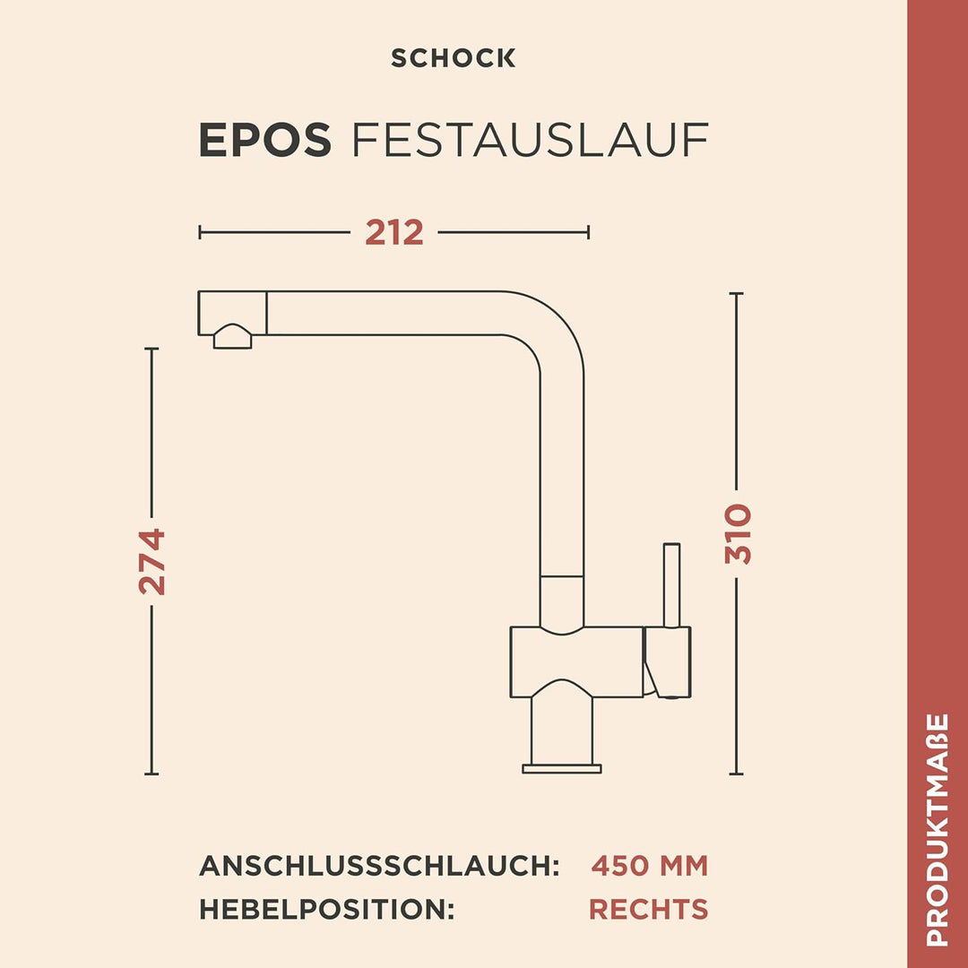 SCHOCK Küchenarmatur Epos Nero – Hochdruck Armatur mit Festauslauf und Standard Norm-Anschlüssen Fes