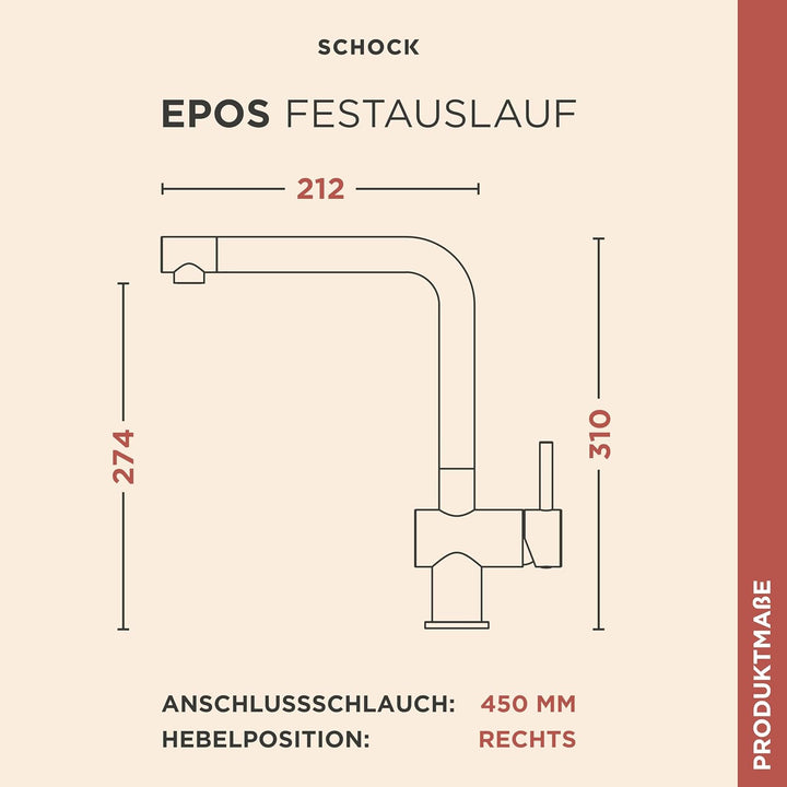 SCHOCK Küchenarmatur Epos Nero – Hochdruck Armatur mit Festauslauf und Standard Norm-Anschlüssen Fes