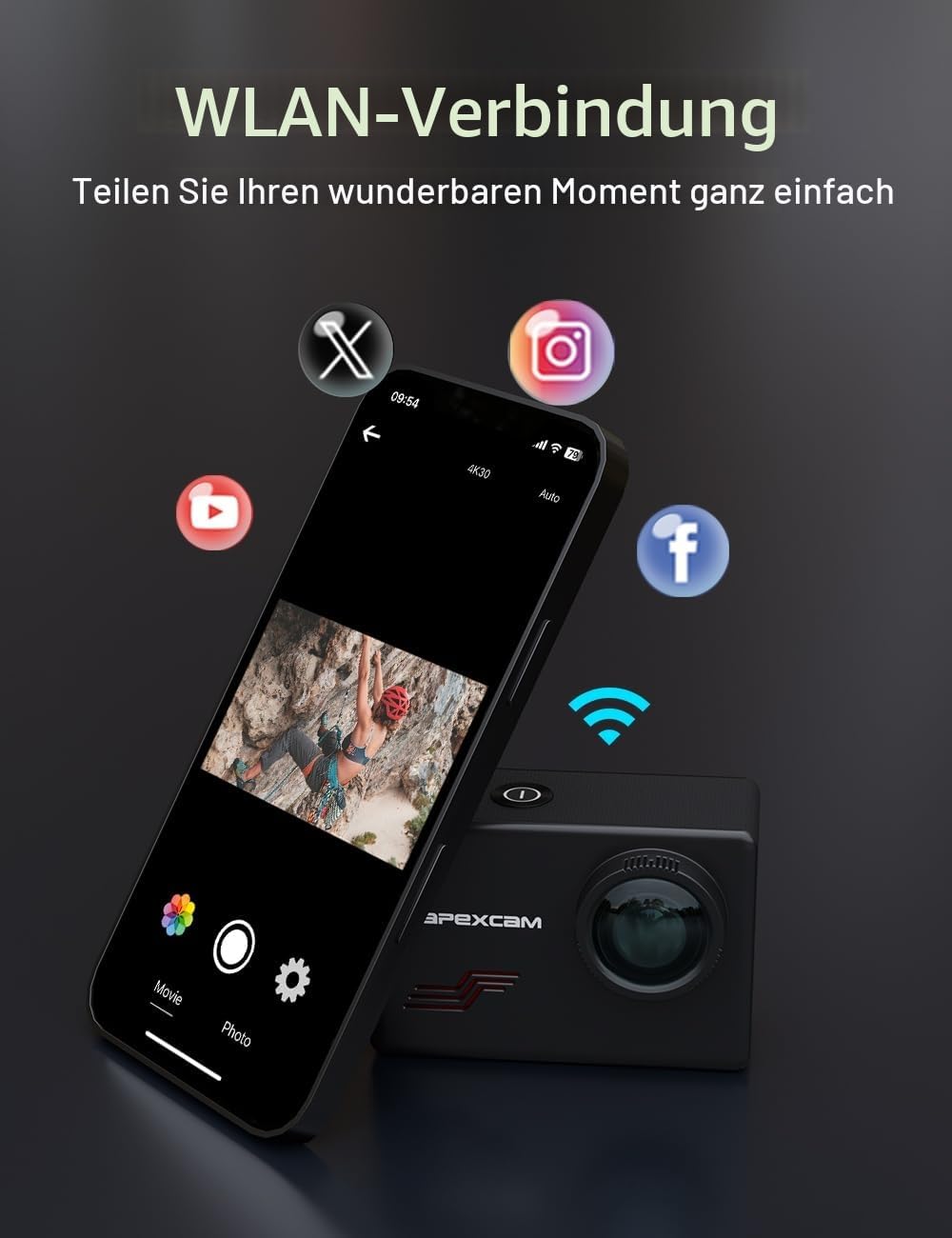Apexcam M80 mit 64G Karte Action Cam 4K60FPS 48MP WLAN Sportskamera Unterwasserkamera 40m Wasserdich
